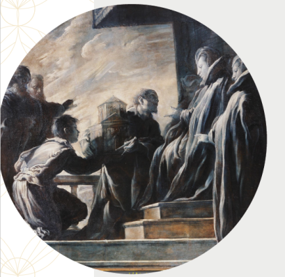 Margherita Gonzaga riceve il modello della chiesa di Sant'Orsola di Domenico Fetti - dettaglio del dipinto a olio